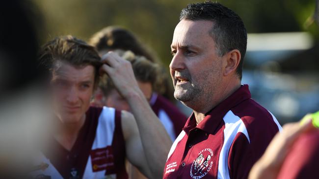 Evelyn Football clubs coach (Mark Fisher) is seen in action during the AFL YARRA match at Mt Evelyn Recreation Reserve in Melbourne, Saturday, May 26, 2018. Mt Evelyn v Healesville. (AAP Image/James Ross) NO ARCHIVING
