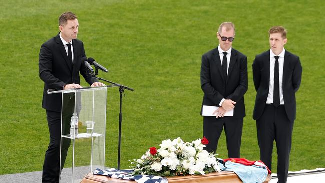 Joel Selwood delivers his eulogy at his brother’s funeral. Picture: Michael Willson/AFL Photos via Getty Images