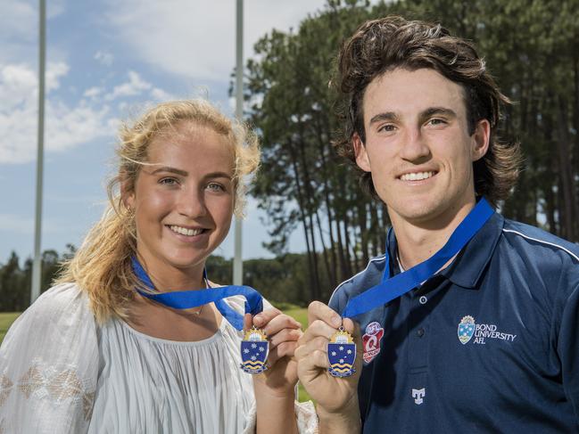 Lucinda Pullar (left) and Rhys King were Bond University’s best and fairest for 2020. Picture credit Cavan Flynn.