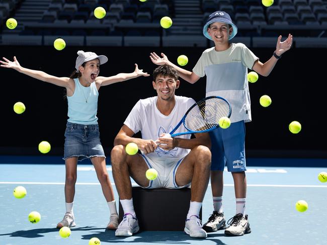 FOR MONDAY PRINT>  DO NOT USE WITHOUT CONTACTING HERALD SUN PIC DESK  January 4:  Alexei Popyrin met up young fans Ella and Sam ahead of AO 2025 Opening Week sponsored by the Herald Sun.  Saturday, January 4, 2025. Photo by TENNIS AUSTRALIA/ FIONA HAMILTON