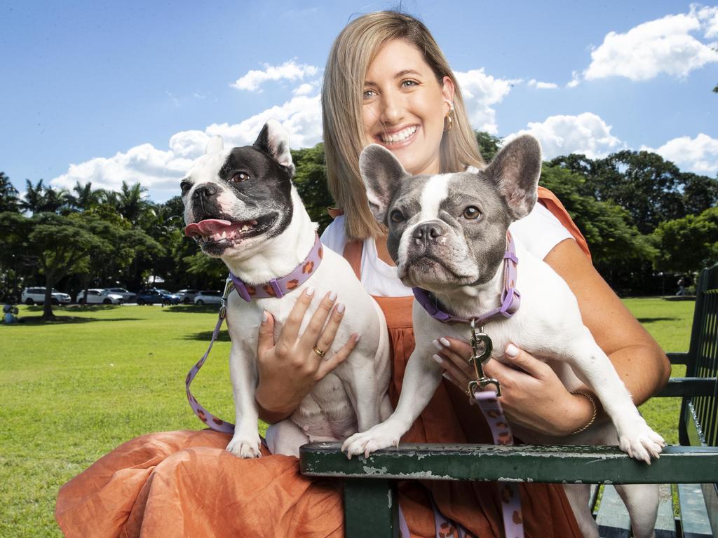 Christie Serhan with her French Bulldogs Kettle 5, and Hero 3. Photo Lachie Millard.