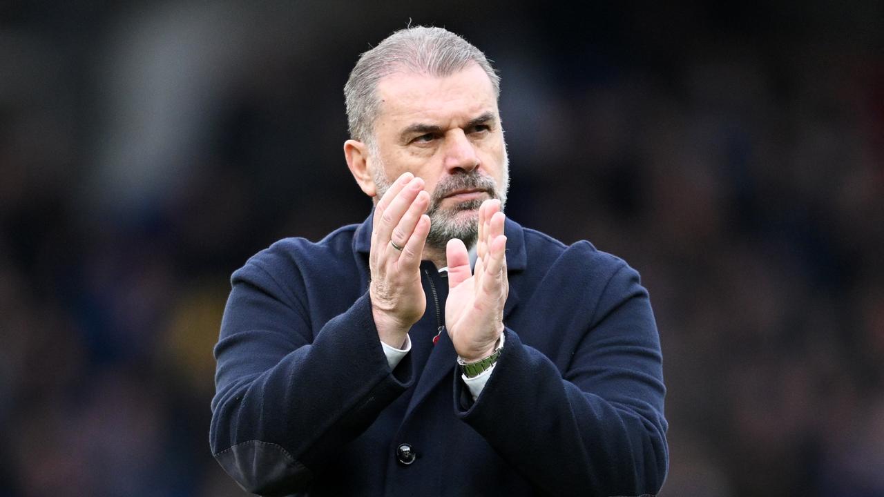 LIVERPOOL, ENGLAND – FEBRUARY 03: Ange Postecoglou, Manager of Tottenham Hotspur, applauds the fans after the Premier League match between Everton FC and Tottenham Hotspur at Goodison Park on February 03, 2024 in Liverpool, England. (Photo by Michael Regan/Getty Images)