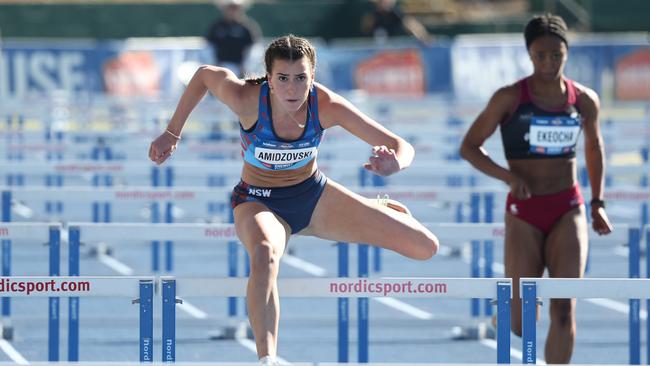 Delta Amidzovski demolishing the Australian Under 18 record of Olympic great Sally Pearson at the 2023 Australian junior championships. Pic: Athletics Australia