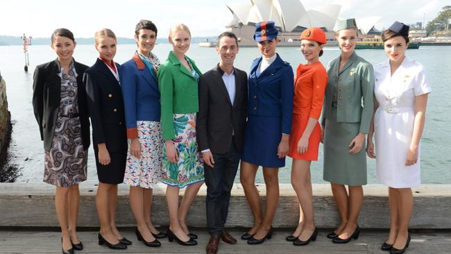 Qantas cabin crew uniforms over the ages. The Flight Attendants Association of Australia says it’s now time for a new uniform that’s more comfortable for crew. Picture: James Morgan