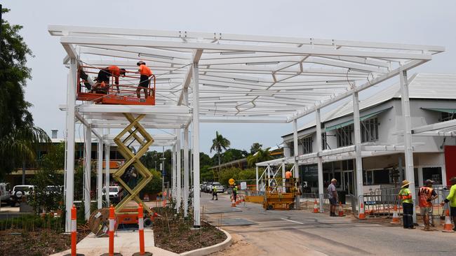 One of the shade structures under construction in Cullen Bay. Picture Katrina Bridgeford.