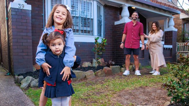 Daily Telegraph. 31, August, 2023.(story for the Daily Telegraph about the most popular areas to buy in Sydney). Sam and Victoria Kazacos, with their children, Ariane, 6, and Maia, 2, at their property, in Mascot, today. Picture: Justin Lloyd.