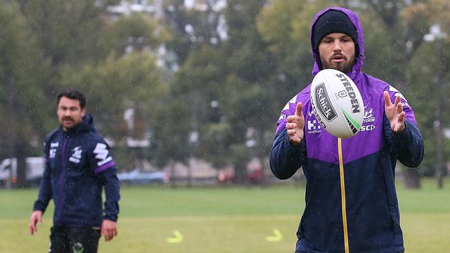 Melbourne Storm players Jahrome Hughes and Sandor Earl training at Goschs Paddock last Friday. Picture: Ian Currie