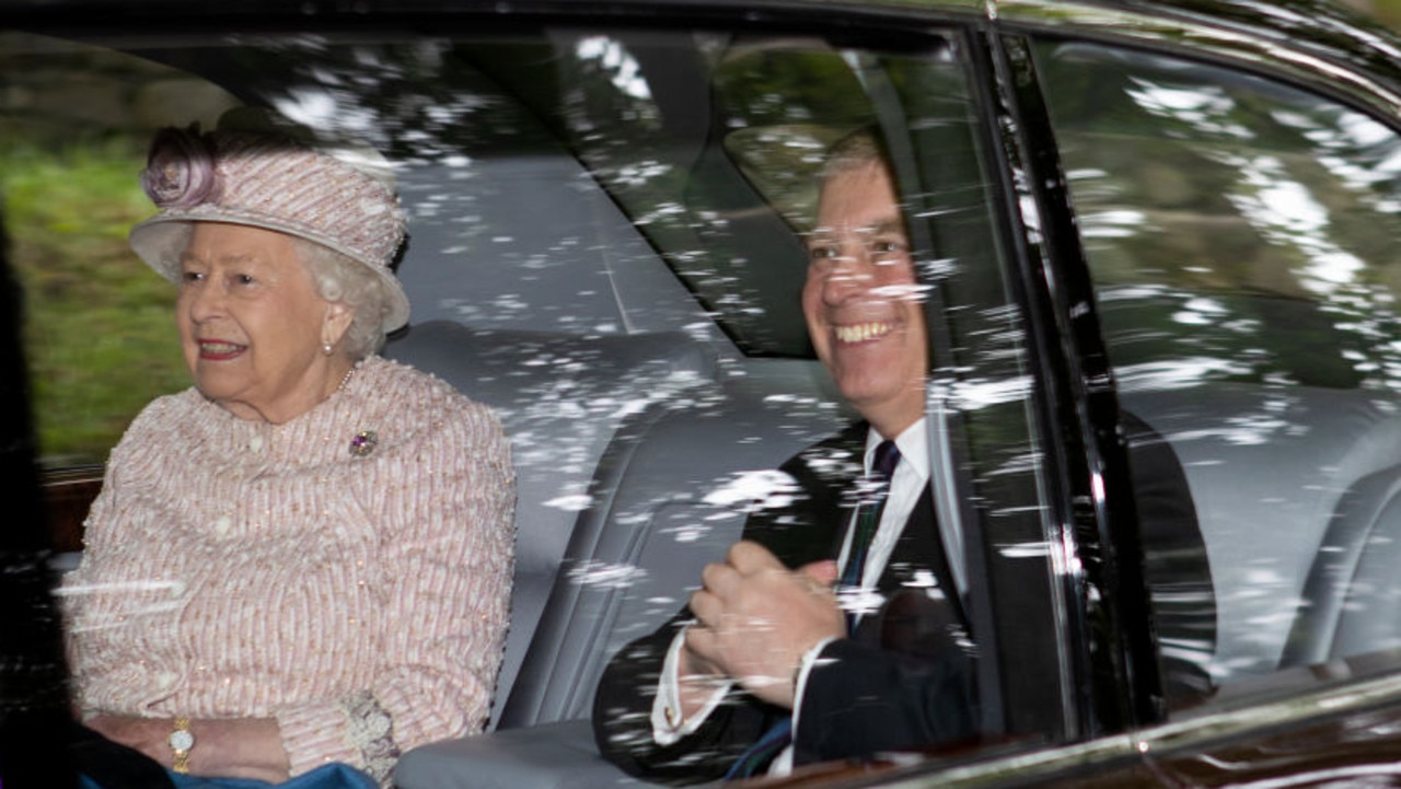 Queen Elizabeth and Prince Andrew leave Crathie Kirk after attending a Sunday church service on August 11, less than two days after Jeffrey Epstein had died. Picture: Jane Barlow/PA Images via Getty Images