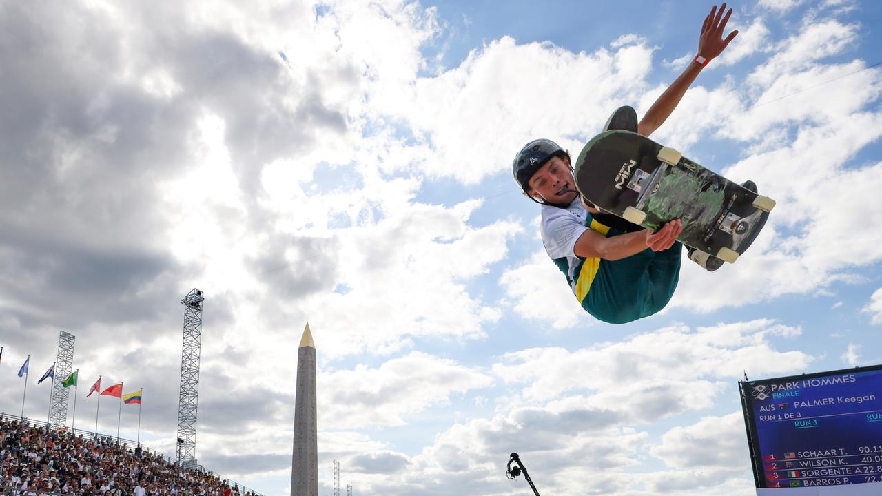 Australia's Keegan Palmer put down a blistering run in the men's park skateboarding final on a historic Day 12 for Australia. Picture: Odd Andersen/POOL/AFP