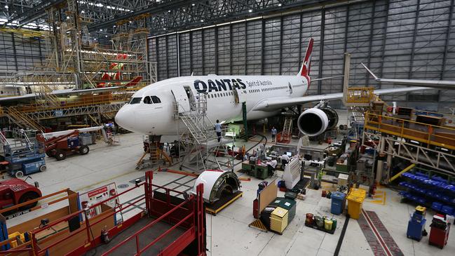 Inside Qantas’ Brisbane maintenance hangar. Picture: Jack Tran