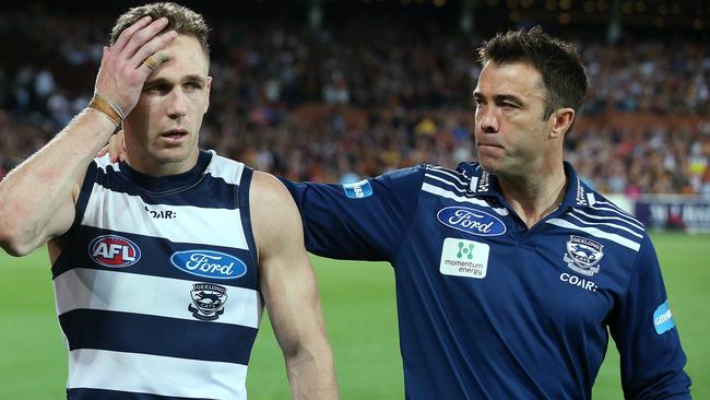 Geelong coach Chris Scott and captain Joel Selwood after the heavy preliminary final loss to Adelaide. Picture: Michael Klein