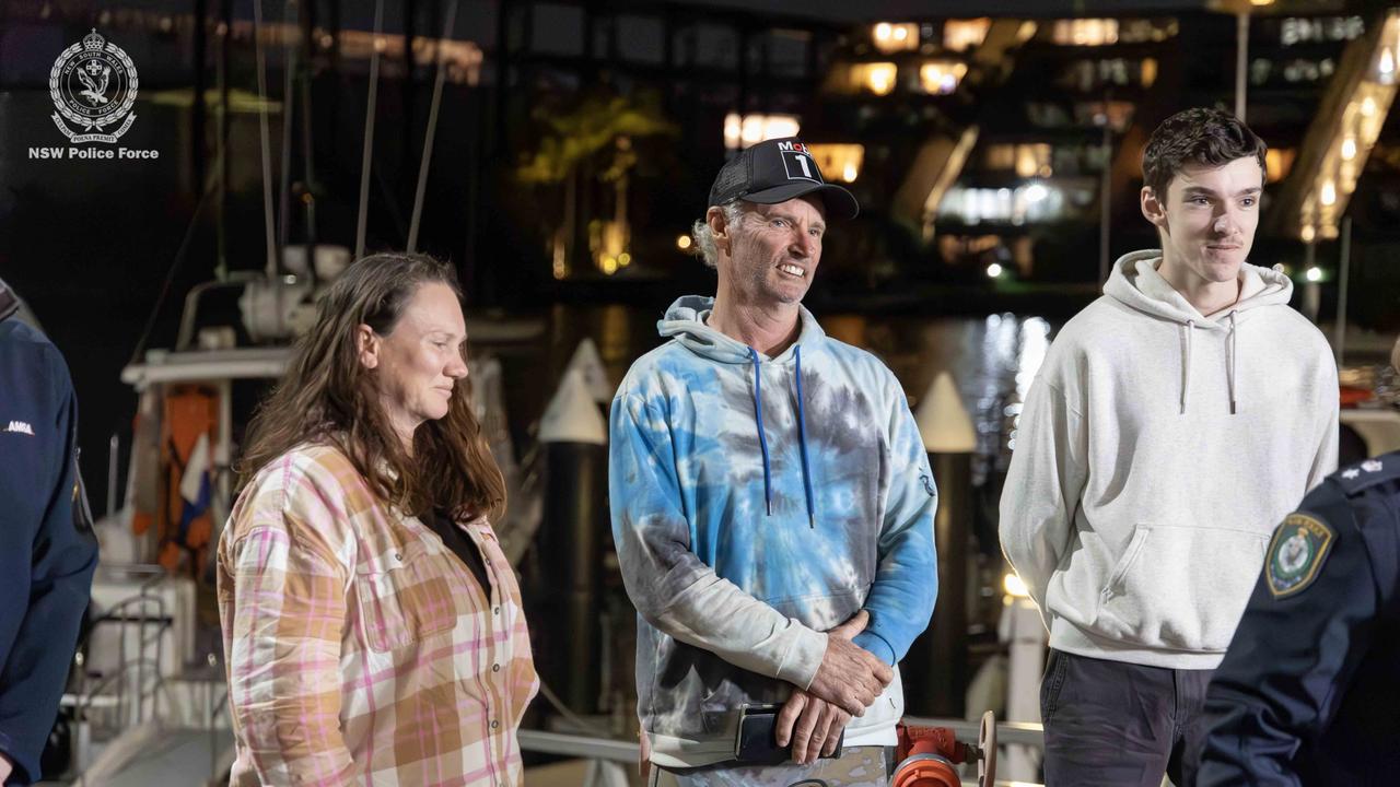 Sailors Brett and Lisa, who spent 18 hours off the NSW south coast in their stricken yacht ‘Spirit of Mateship’, have thanked their rescuers after arriving safely back in Sydney. Picture: NSW Police