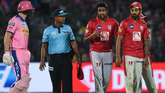 Players clash after Jos Buttler is ‘Mankaded’ by Ravi Ashwin. Picture: Money Sharma /AFP) 