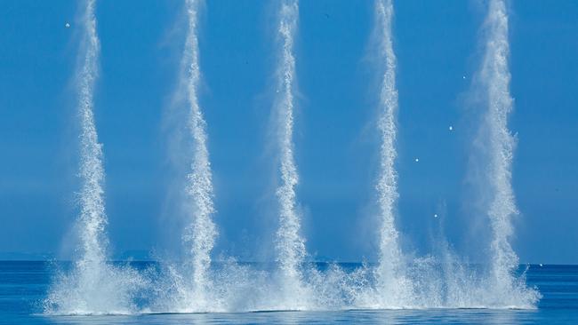 Taiwanese Navy personnel detonate explosives during the Han Kuang military exercise, which simulates China's People's Liberation Army (PLA) invading the island. Picture: Getty Images.