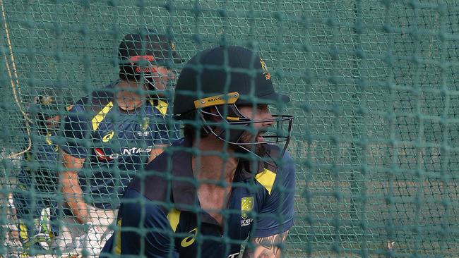 Australian cricketer Kane Richardson bats before sustaining a side strain in the nets during a practice session at the Rajiv Gandhi International Cricket Stadium in Hyderabad on February 21, 2019. Picture: NOAH SEELAM/AFP).