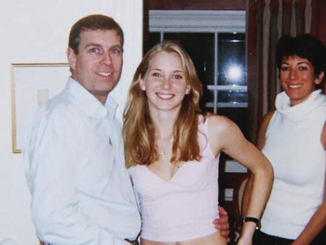 An image which Ms Giuffre has claimed is her with Prince Andrew and Ghislaine Maxwell in London in 2001. Picture: US District Court – Southern District of New York (SDNY)/AFP