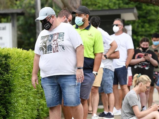 People line-up for COVID testing outside Buderim Medical Centre. Picture: Patrick Woods.