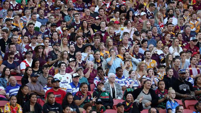 Crowd react to the NRL Broncos v Dragons Round, Suncorp Stadium, Milton. Photographer: Liam Kidston.