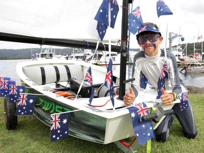 Logan Radford, 10, of Daleys Point celebrating Australia Day at Gosford Sailing Club last year. Picture: Mark Scott