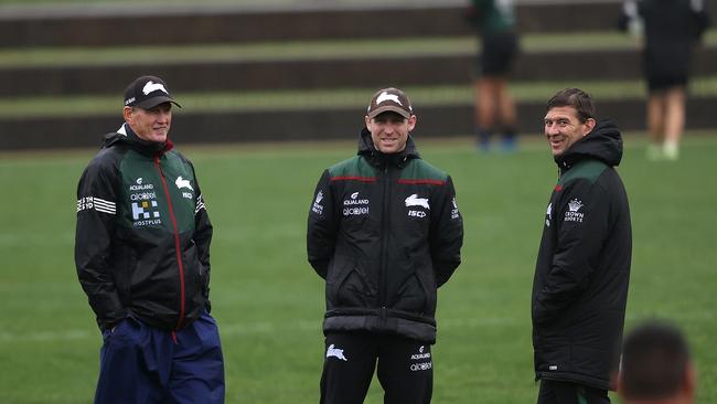 South Sydney assistants Ben Hornby (C) and Jason Demetriou (R) must step up in the absence of banned coach Wayne Bennett. Picture. Phil Hillyard