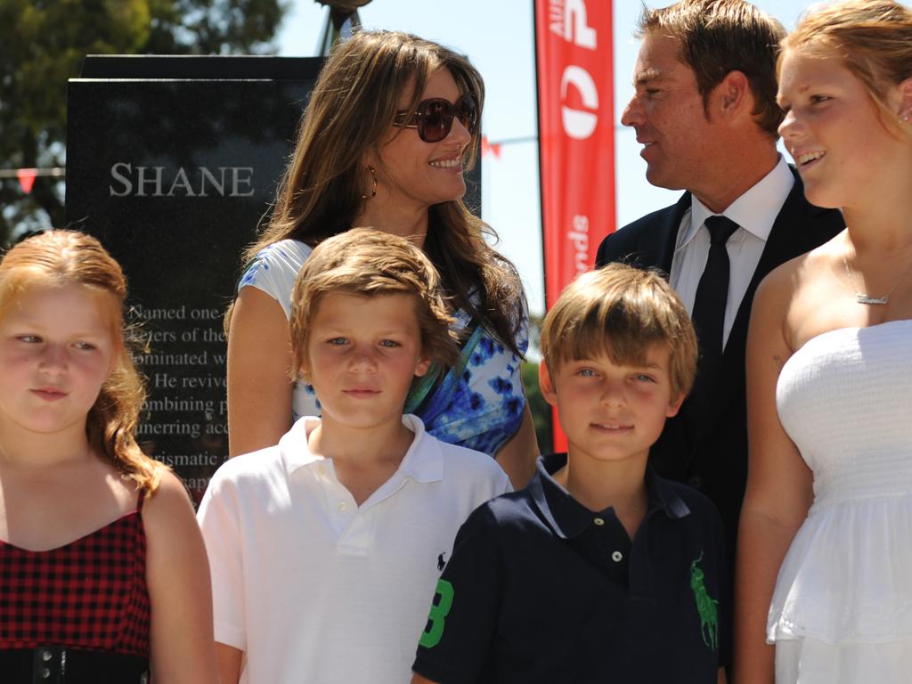 Shane Warne and Liz Hurley and their children from previous marriages (L-R) Summer, Jackson, Liz Hurley's son Damien and Brooke. Picture: Julian Smith/AAP