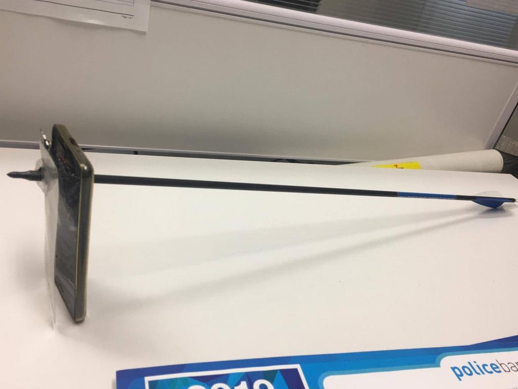 A man has been charged after he allegedly fired a bow and arrow at another man in Nimbin, which pierced through the man’s phone and hit him in the chin. Picture: NSW Police 