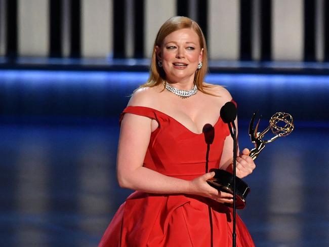 Australian actress Sarah Snook accepts the award for Outstanding Lead Actress In A Drama Series for "Succession" onstage to during the 75th Emmy Awards at the Peacock Theatre at L.A. Live in Los Angeles on January 15, 2024. (Photo by Valerie Macon / AFP)