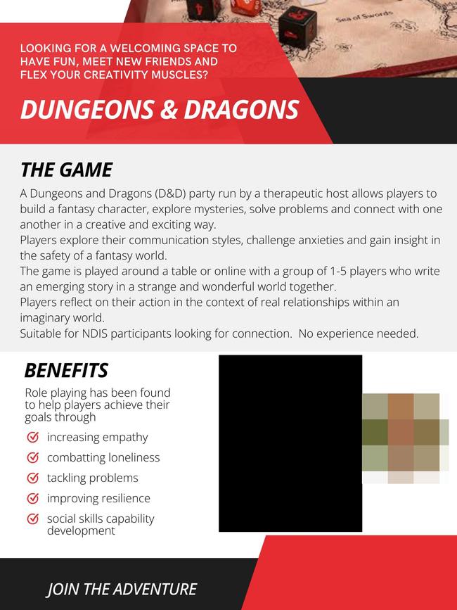 Another business offered Dungeon and Dragons sessions to help NDIS participants “improve resilience” and “increase empathy”. Source: Facebook