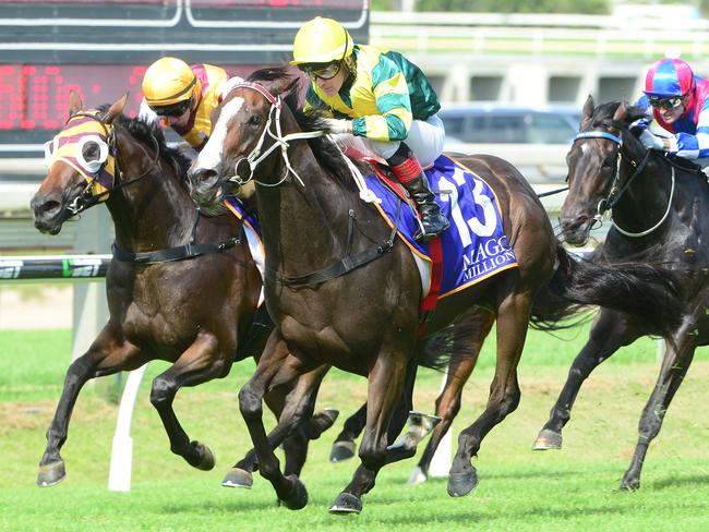 Care To Think winning The Buffering for trainer Matt Dunn and jockey Jeff lloyd at Doomben. Picture: Grant Peters, Trackside Photography