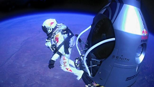 Felix Baumgartner stepping from his capsule 39km above Earth. Picture: AFP /redbullcontentpool.com