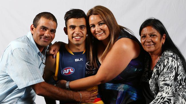 Milera on draft day in 2015 with dad Wayne, Mum Kveta Smith and Grandma Lillian Milera. Picture: Sarah Reed