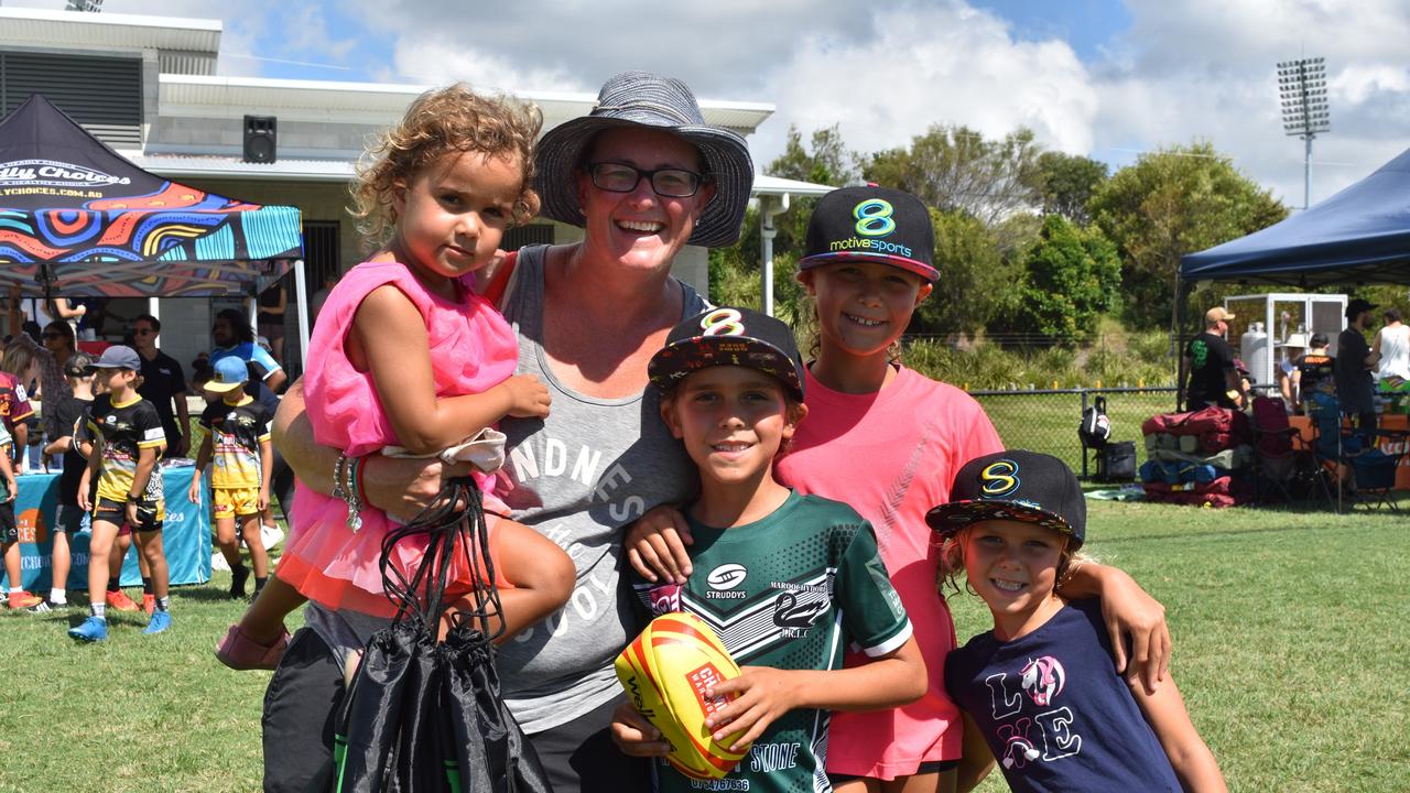 Maddy, Kellie, Jack, Molly and Matilda Jarrett at the Play Something Unreal rugby league clinic in Kawana. Picture: Sam Turner