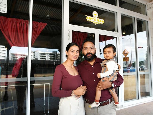 Amandeep Singh, Karmjeet Kaur with their son Aryaman Singh (Ary), 1, outside the newly opened, Ary's Bar. Picture: Shae Beplate.