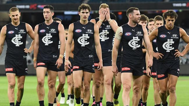 Dejected Blues walk from the field following their most recent loss. Picture: Getty Images