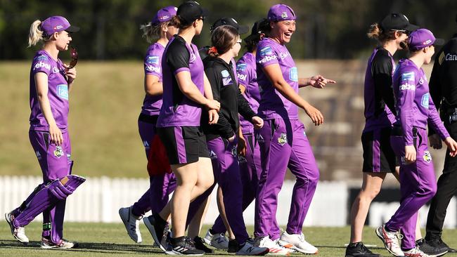 The Hurricanes celebrates victory during the Women's Big Bash League WBBL match between the Hobart Hurricanes and the Melbourne Renegades at Blacktown International Sportspark, on November 03, 2020, in Sydney, Australia. (Photo by Mark Kolbe/Getty Images)