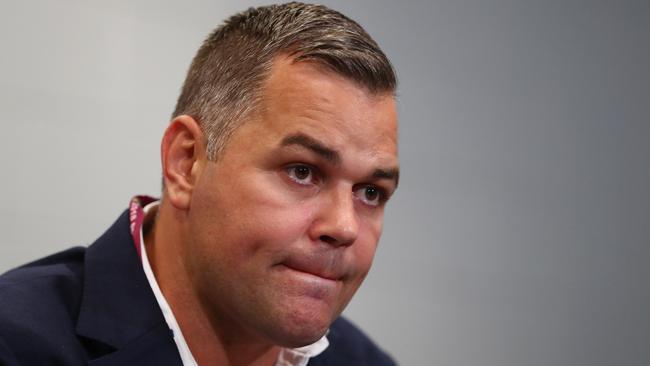 BRISBANE, AUSTRALIA - AUGUST 16: South coach Anthony Seibold speaks to media during a press conference after the round 23 NRL match between the Brisbane Broncos and the South Sydney Rabbitohs at Suncorp Stadium on August 16, 2018 in Brisbane, Australia. (Photo by Chris Hyde/Getty Images)