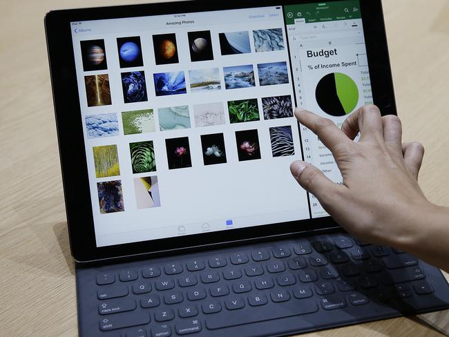 The new iPad Pro with a Smart Keyboard is displayed following an Apple event Wednesday, Sept. 9, 2015, in San Francisco. Apple staked a new claim to the living room on Wednesday, as the maker of iPhones and other hand-held gadgets unveiled an Internet TV system that's designed as a beachhead for the tech giant's broader ambitions to deliver a wide range of information, games, music and video to the home. (AP Photo/Eric Risberg)