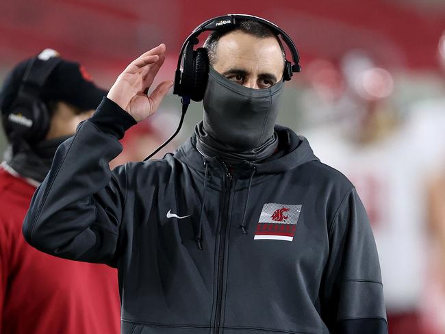 LOS ANGELES, CALIFORNIA - DECEMBER 06: Head coach Nick Rolovich of the Washington State Cougars looks on during the second half of a game against the USC Trojans at Los Angeles Coliseum on December 06, 2020 in Los Angeles, California. (Photo by Sean M. Haffey/Getty Images)