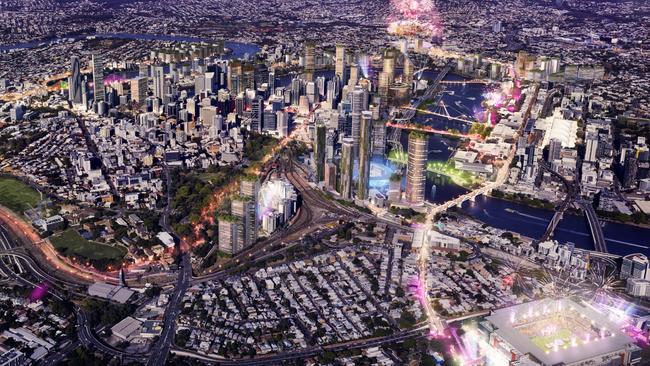 Courier Mail Future BNE campaign Urbis render. Aerial view of proposed ideas for Brisbane Southbank and CBD for the 2032 Olympics.