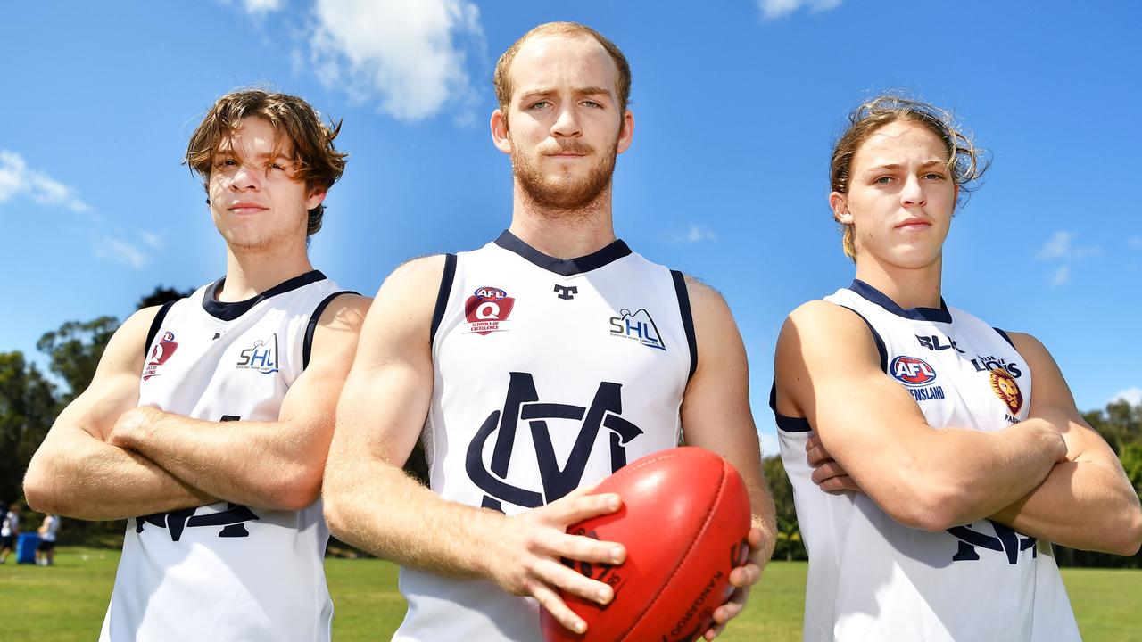 Mountain Creek State High School senior boys (pictured) and senior girls teams have all qualified for the AFLQ schools cup finals. (L to R) Joel Peters, Mitchell Norlander and Jacob Thomas. Picture: Patrick Woods.