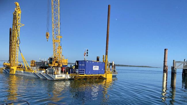 Concrete pylons have been put down at Dunwich where the state government is building a new pontoon and fishing jetty to replace one that has been maintained by Redland City Council. Picture: Simon Walker