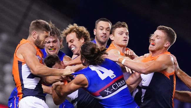 Marcus Bontempelli in the thick of it. Picture: AAP Image/Scott Barbour