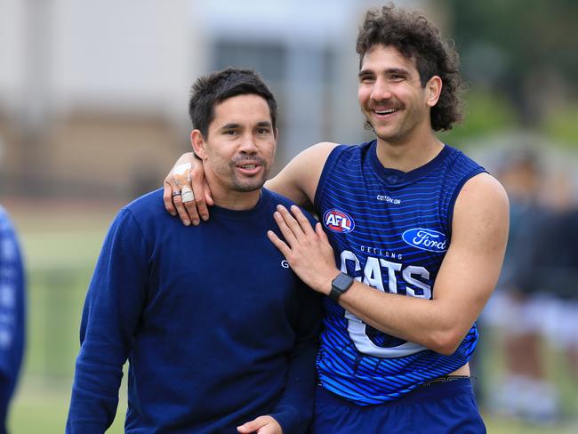 Mathew Stokes pictured with fellow Territorian Nakia Cockatoo at Cats training in 2019. Stokes has been instrumental in all but ensuring AFL legend Eddie Betts will play at Palmerston in the 2021-22 NTFL season. Picture: Peter Ristevski