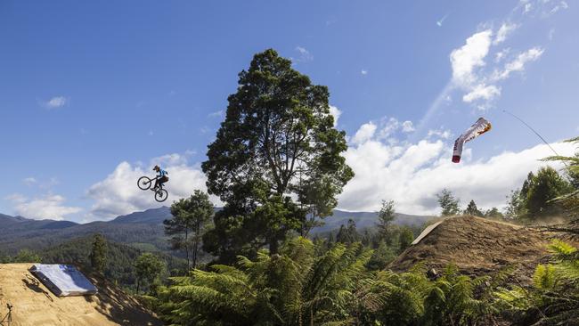 Matt Jones performs during practice at Red Bull Hardline in Maydena Bike Park. Picture: Graeme Murray