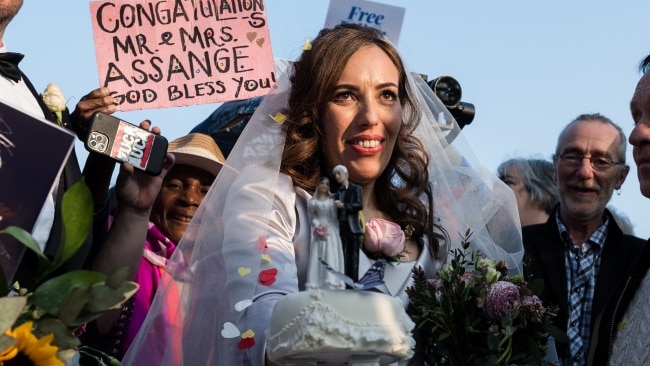 Newly-wed Stella Moris spoke to supporters who gathered outside the prison following their wedding. Picture: Wiktor Szymanowicz/Anadolu Agency via Getty Images