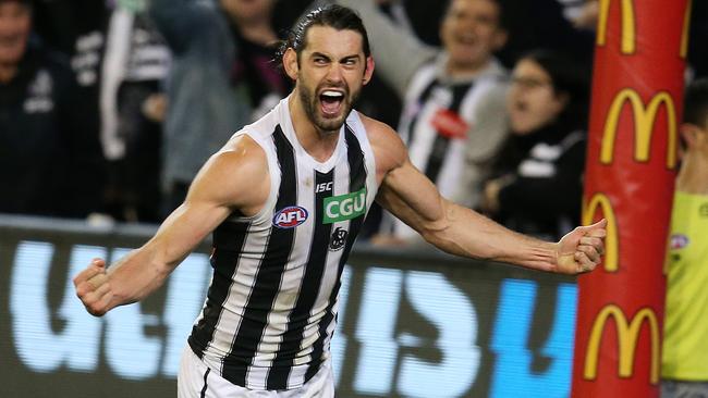 Brodie Grundy celebrates a goal. Picture: Michael Klein