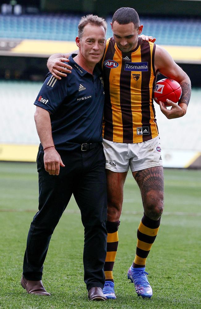 Alastair Clarkson and Shaun Burgoyne share a moment on the MCG. Picture: Michael Klein.