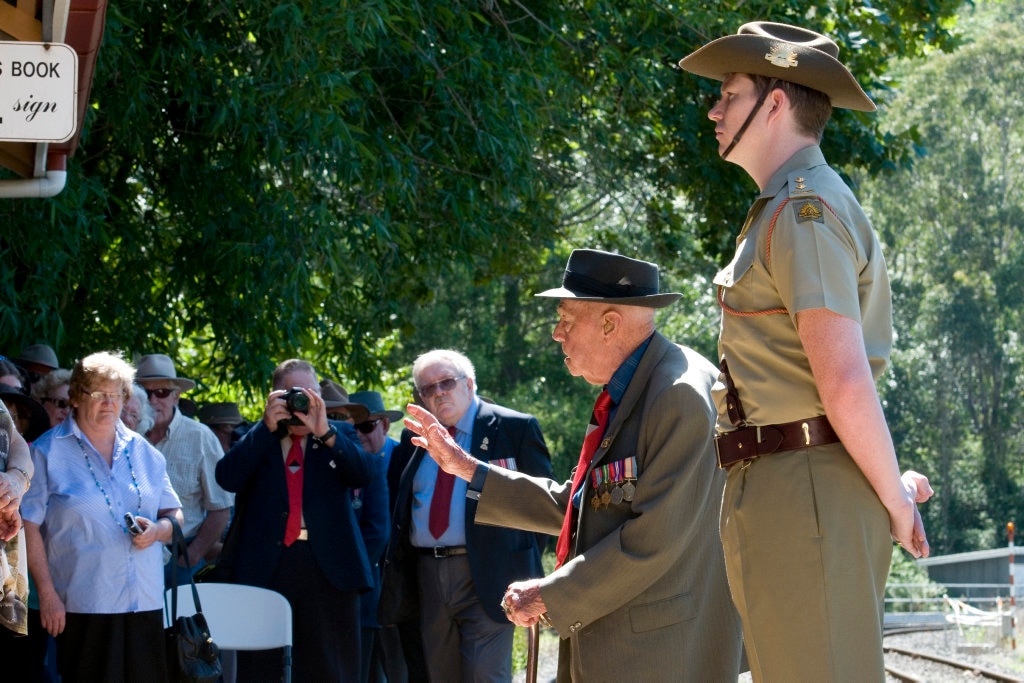 Veteran Bert Miles with Lt Jonathan Cawcutt of the 25/49 RQR at the 25th Battalion rememberance at Spring Bluff Railway, Sunday, March 17, 2013. Photo Kevin Farmer / The Chronicle. Picture: Kevin Farmer