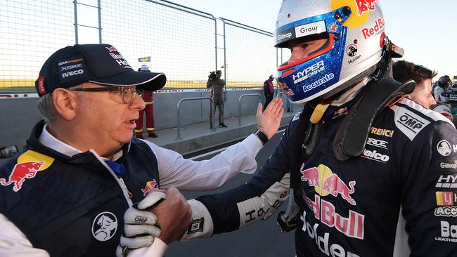 Roland Dane congratulates his driver Shane van Gisbergen after he won the second race of the weekend at the Supercars OTR SuperSprint at The Bend Motorsport Park in 2018. Picture: Daniel Kalisz/Getty Images