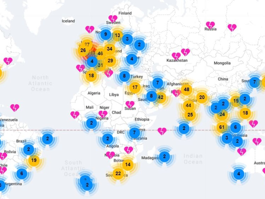 An interactive on Remove the Cap shows where Australians are stranded around the world. Picture: Remove the Cap.